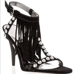 Guess By Marciano Galiena Fringe Studded Sandal Heels, Black Suede, Size 7.5 M
